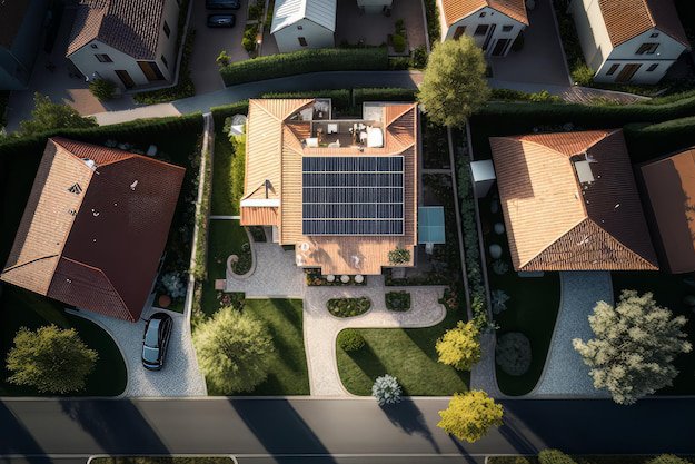 A residential house viewed from above, showing a large array of mounted solar panels covering a significant portion of the roof.