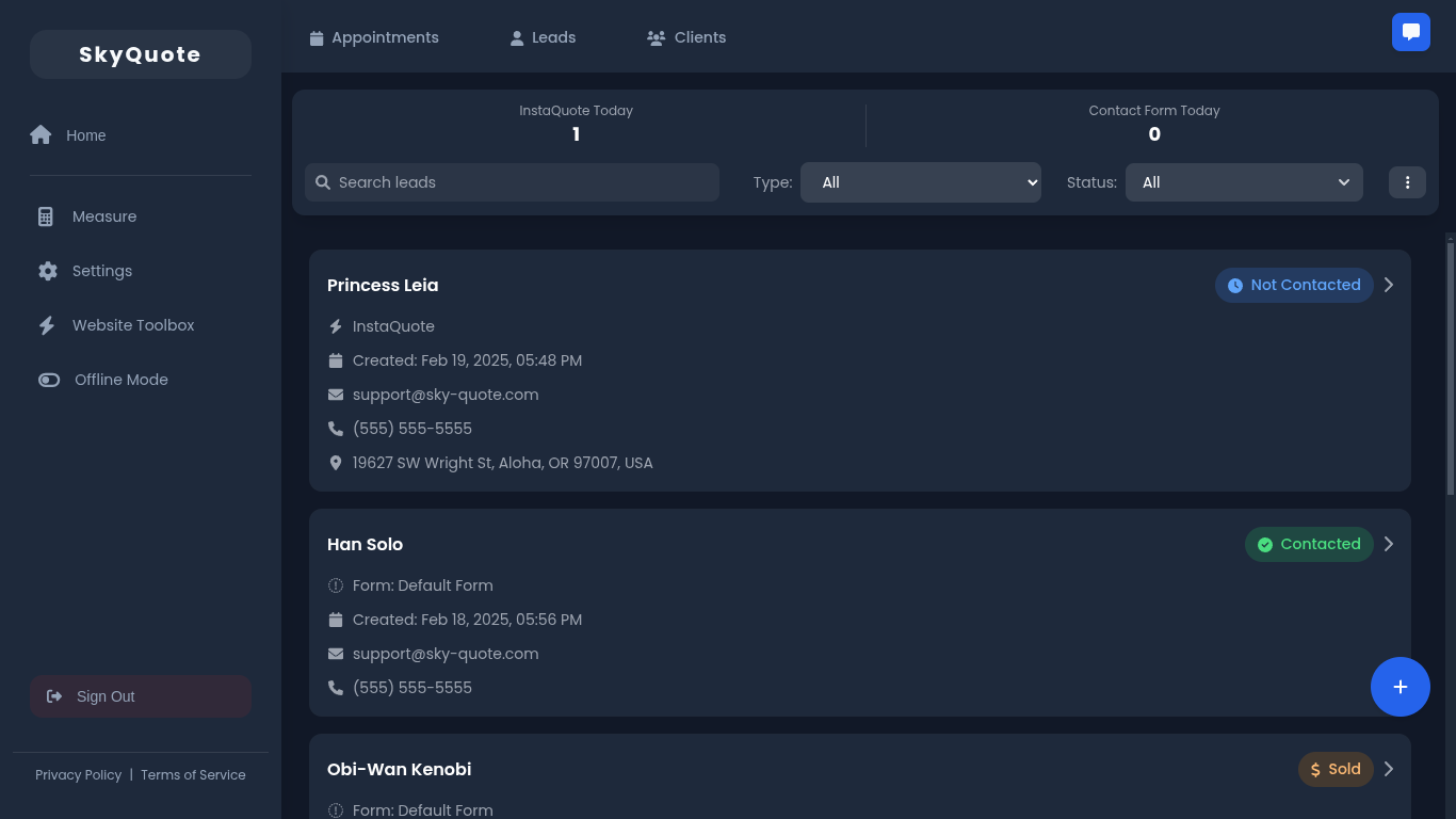 SkyQuote CRM Dashboard